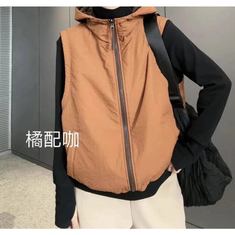 欧货太古拉链连帽轻薄夹棉马甲女2024年秋冬季新款宽松两面穿背心