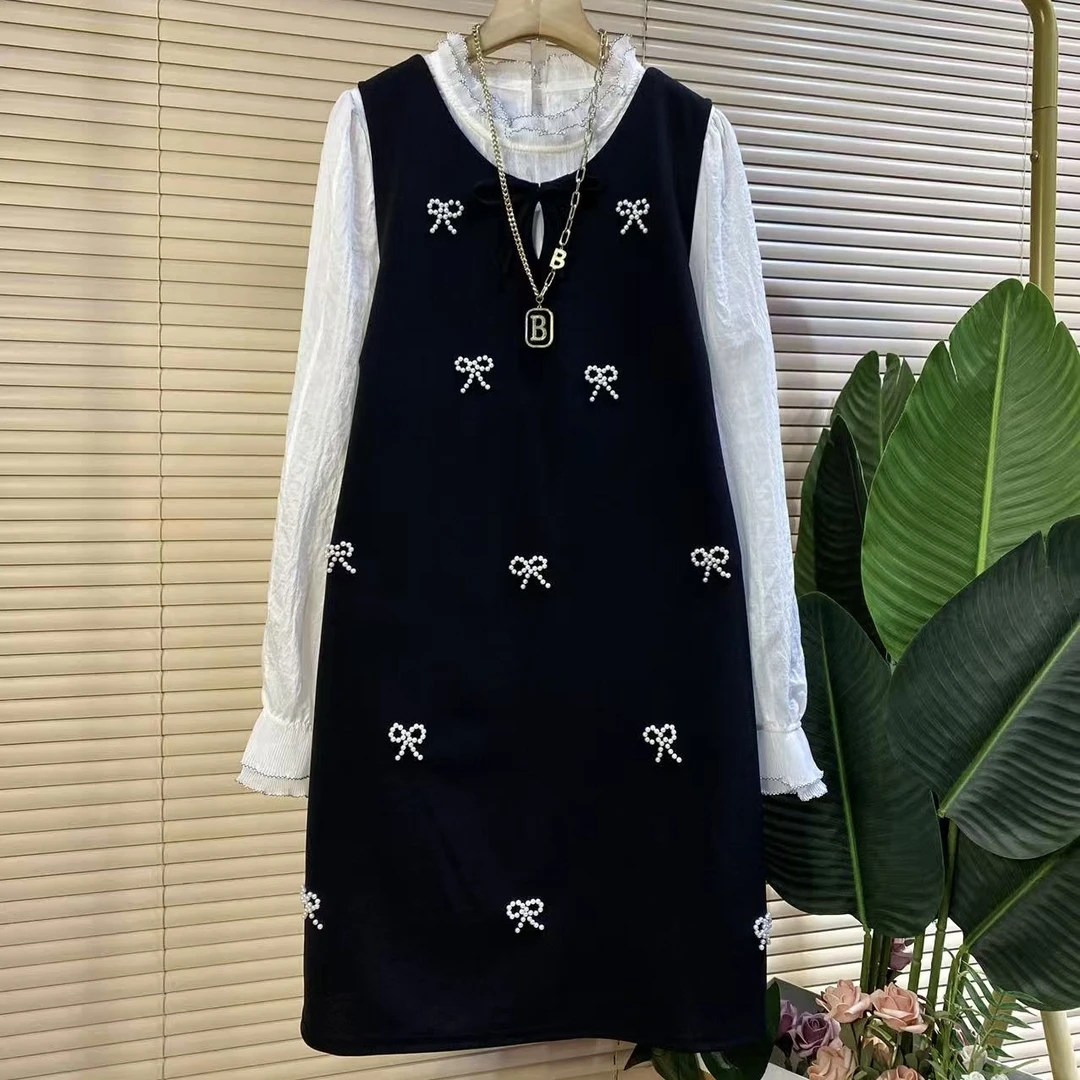 M胖mm欧货时尚新款重工钉珠甜美蝴蝶结设计减龄两件套裙