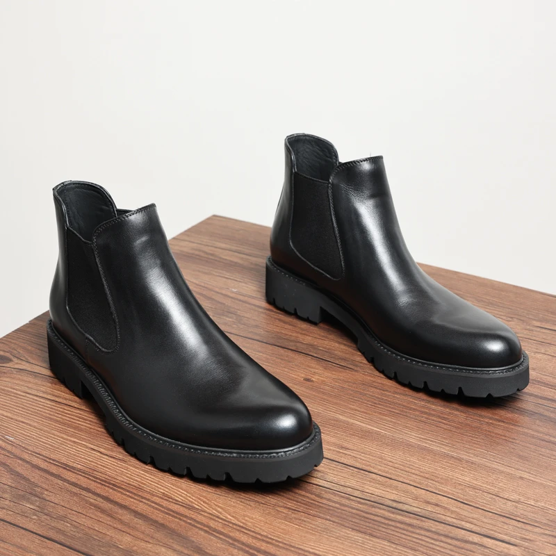 真皮切尔西靴男英伦圆头商务休闲高帮皮鞋手工厚底百搭加绒短靴潮
