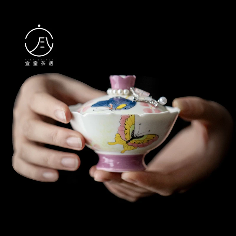 宜室茶话手绘釉下青花蝴蝶盖碗功夫茶具女士小号花口高足泡茶碗杯