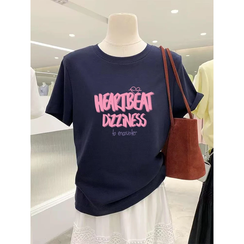 今年新款字母圆领短袖女夏季美式韩版高级洋气质感显瘦正肩上衣