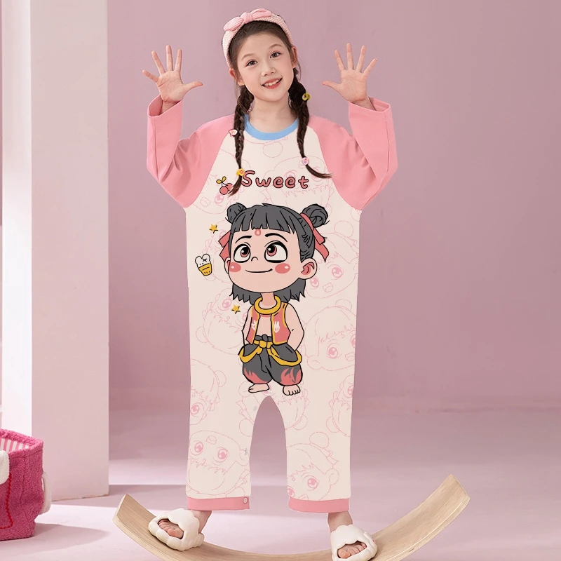 儿童睡衣女童公主粉连体衣春秋款纯棉中大童女孩家居服秋季连身衣