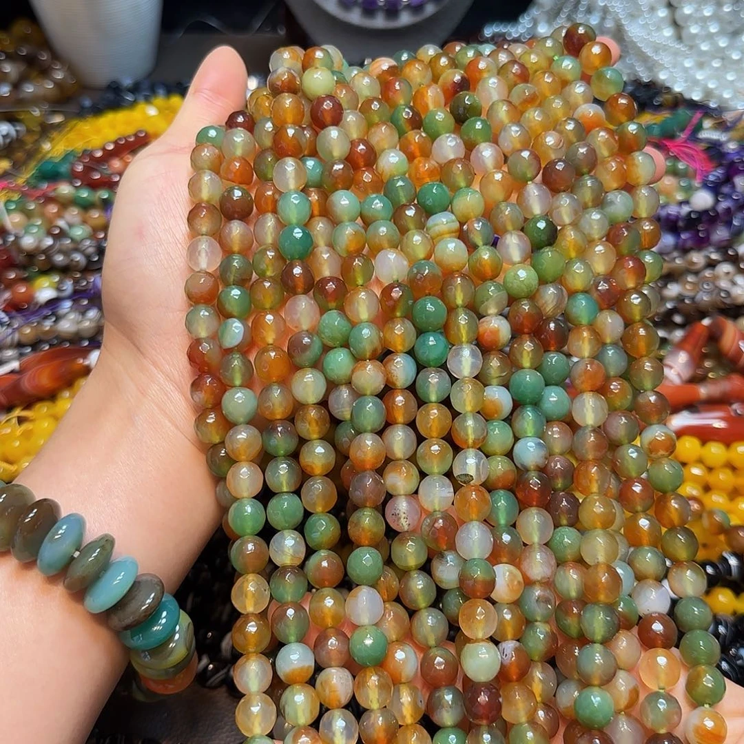 玛瑙/玉髓合金珠宝半成品10mm孔雀切面一条