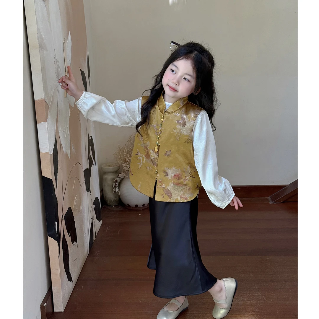 壹妈中国风童装女童秋季宽松套装新款复古金色中式马甲服装半身裙