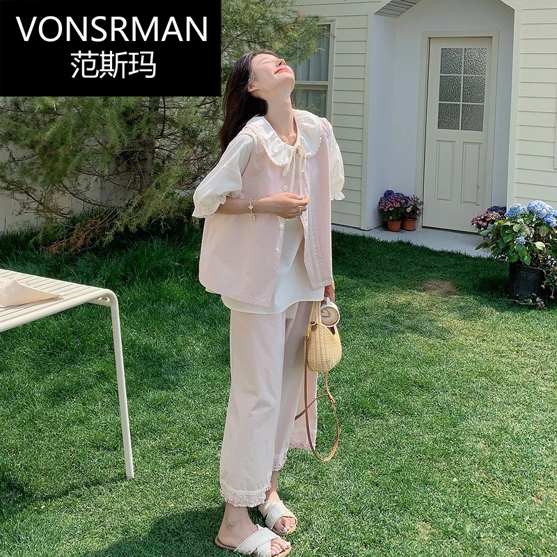 粉色甜美温柔风套装夏新款时尚设计感马甲娃娃领小衫阔腿裤三件套