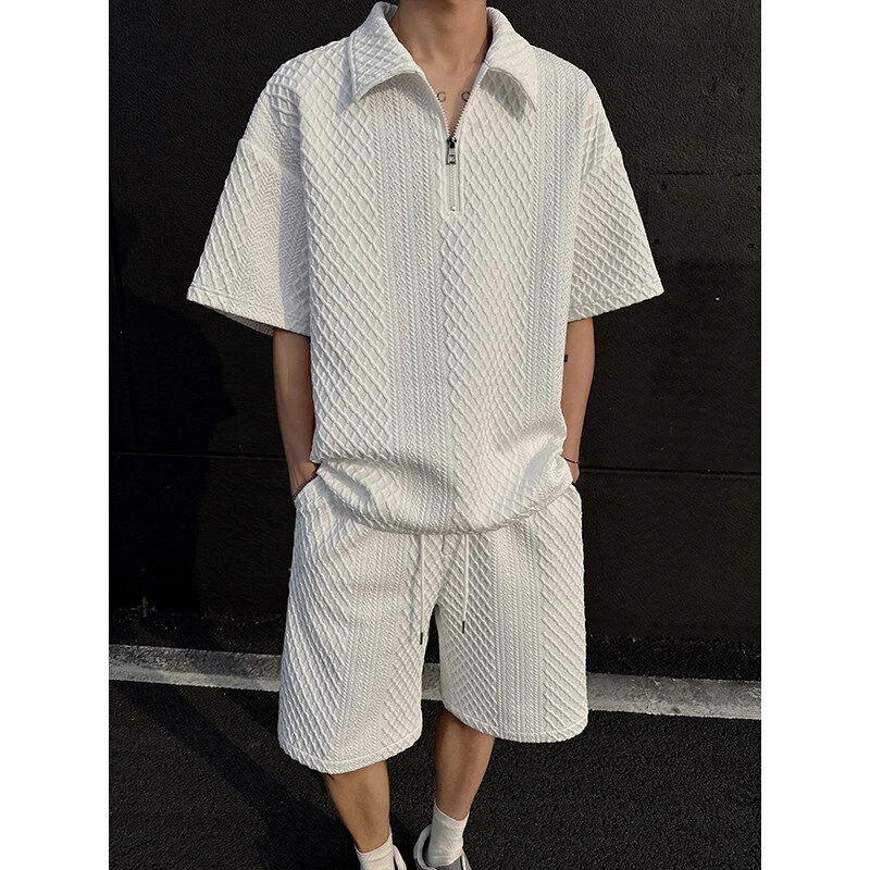 夏季半拉链polo衫短袖套装男夏季提花肌理休闲运动宽松大码短裤