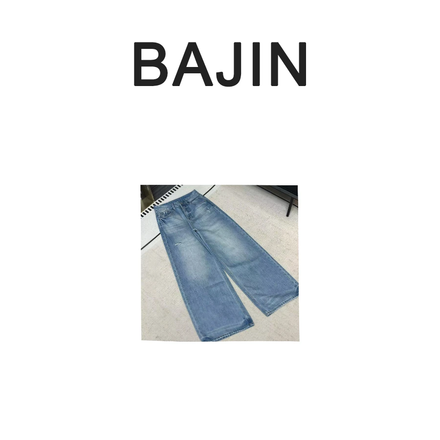 20709【莱赛尔棉感直筒裤牛仔裤阔腿】慵懒风休闲高腰破洞潮流