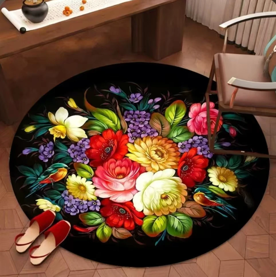 新中式新款圆形夏季中国风金钻绒床边地毯家用卧室防滑柔软沙发垫