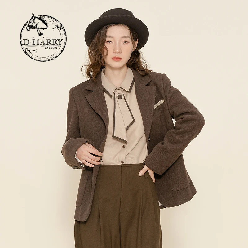 D-HARRY/迪哈利深咖色宽松西装外套女百搭休闲西服DH224A95605D