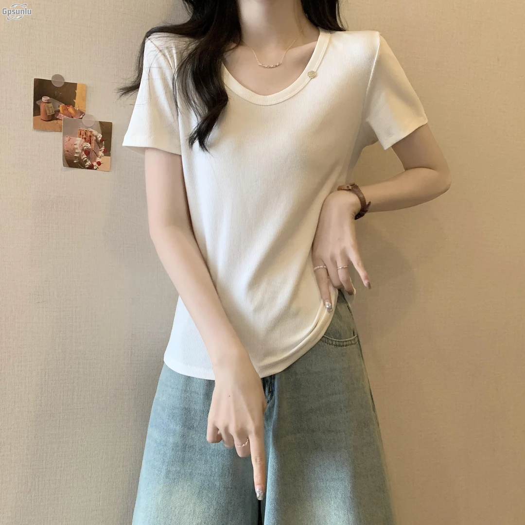 gpsunlu白色正肩短袖女夏季薄款修身显瘦收腰圆领速干设计感上衣