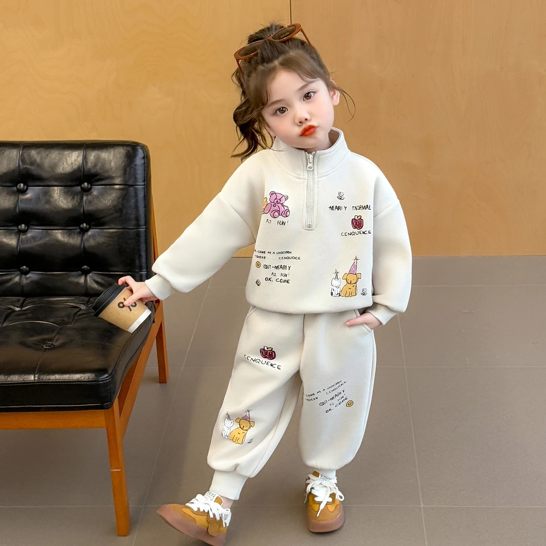 女童秋季2025时尚潮流儿童新款中小童休闲风卡通涂鸦半拉链套装