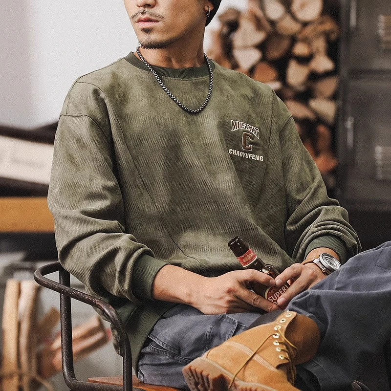 美式复古重磅麂皮绒卫衣男春秋高端新款高级感潮牌宽松休闲男上衣