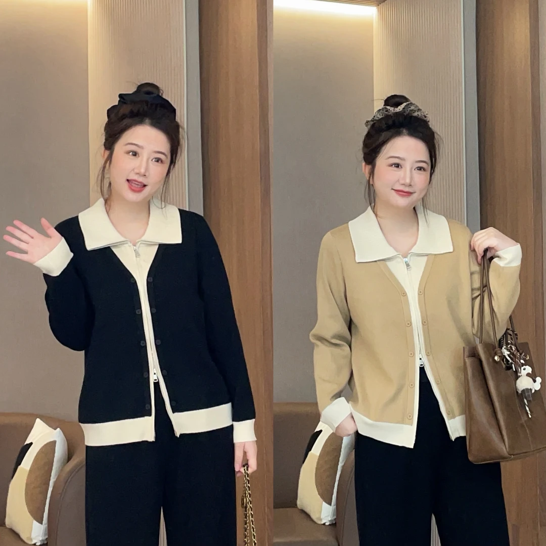 大萌萌 潮流撞色拼接假两件针织开衫秋冬微胖显瘦百搭P225X21262