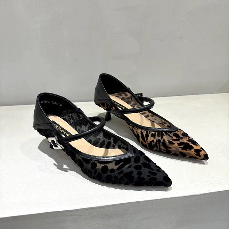 【高奢&达人款】2025春夏新款情侣柔软女鞋尖头浅口单鞋镂空网豹