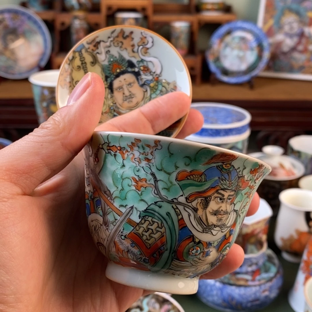 手工手绘四天王盖碗