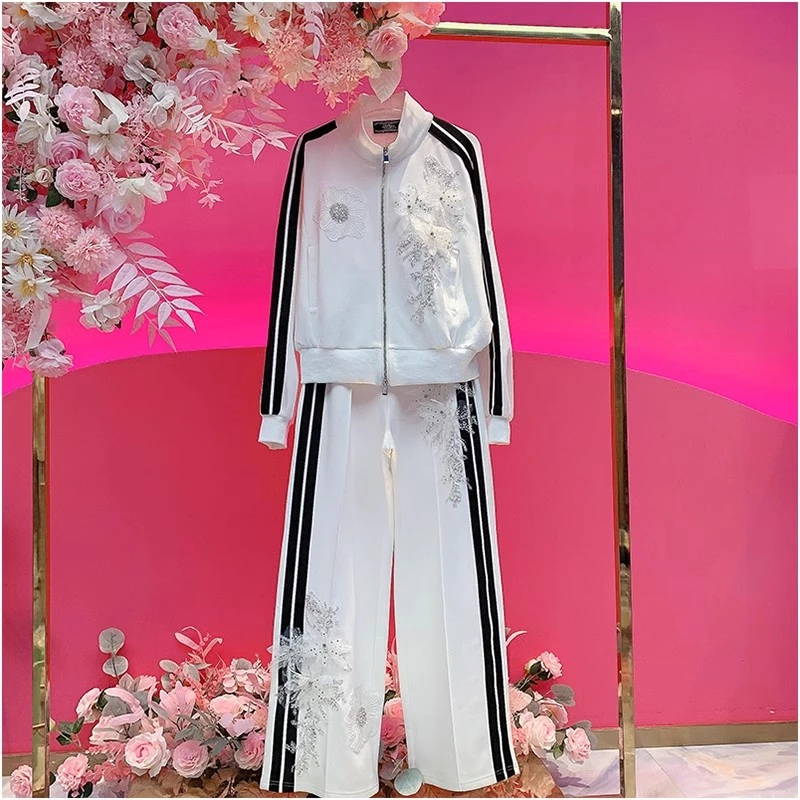 A1041欧美设计师2025早春新款重工拼纱花拉链条纹边时尚休闲套装