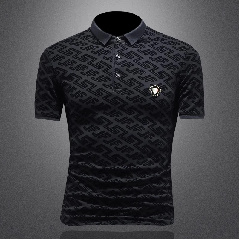 翻领短袖POLO衫男刺绣植绒印花t恤修身潮提花2025夏季新款欧洲站