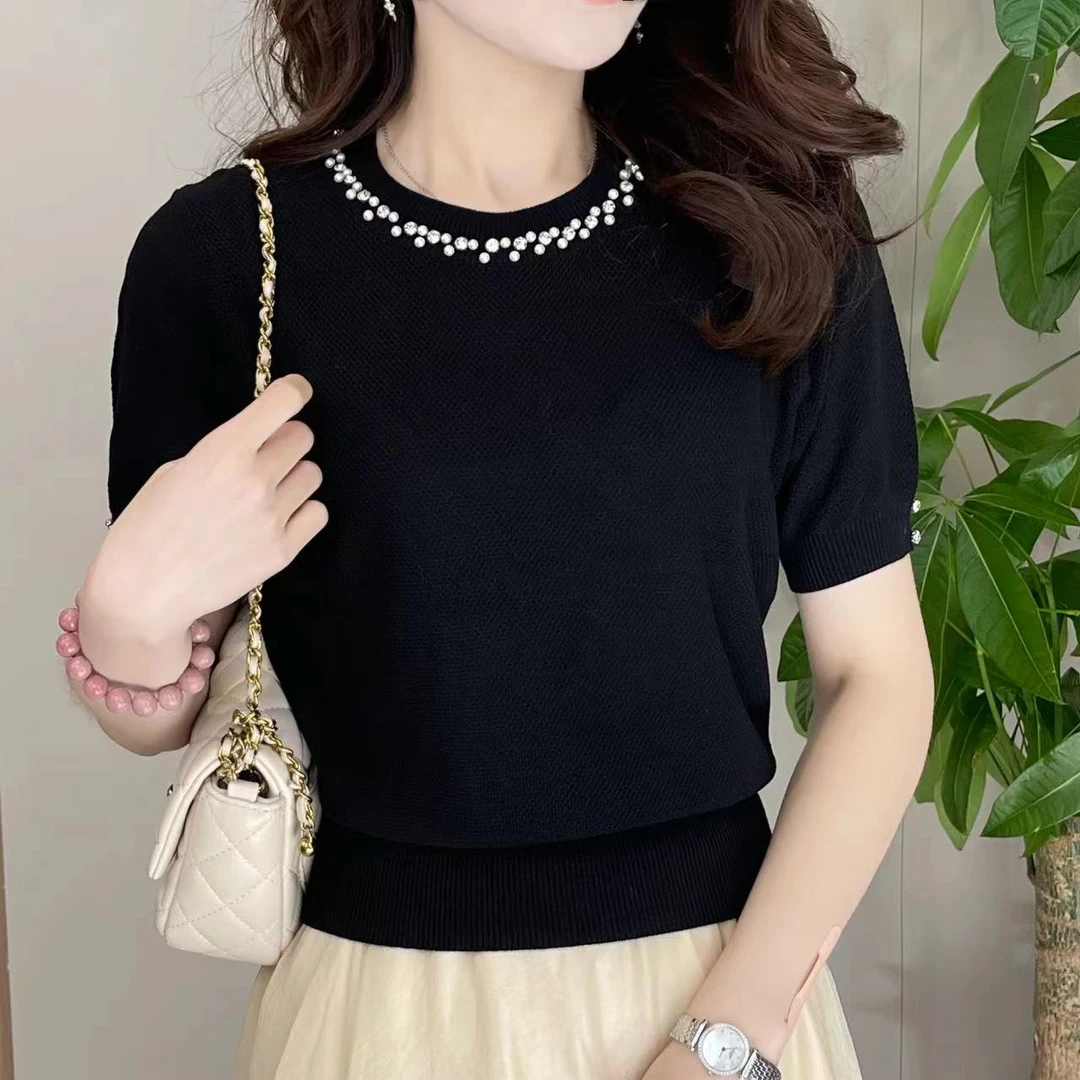 蔡小姐拼接亲肤女T恤夏款纯色冰丝显瘦2025新款黑色宽松圆领气质