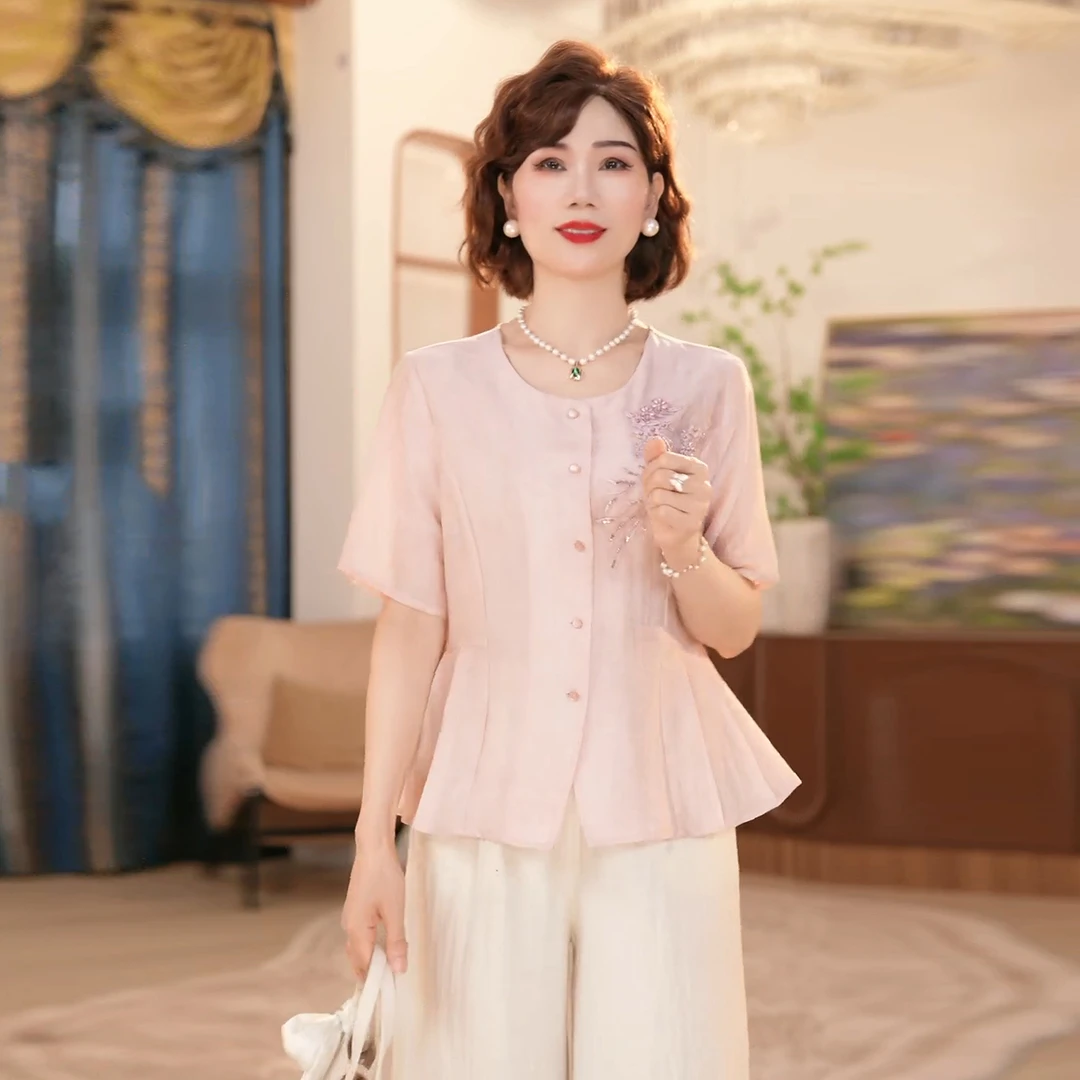 母亲节中年妈妈夏季小衫套装2025新款洋气上衣服中老年女装两件套