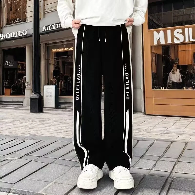 潮流条纹百搭卫裤男春夏款青少年帅气直筒裤子宽松显高运动休闲裤