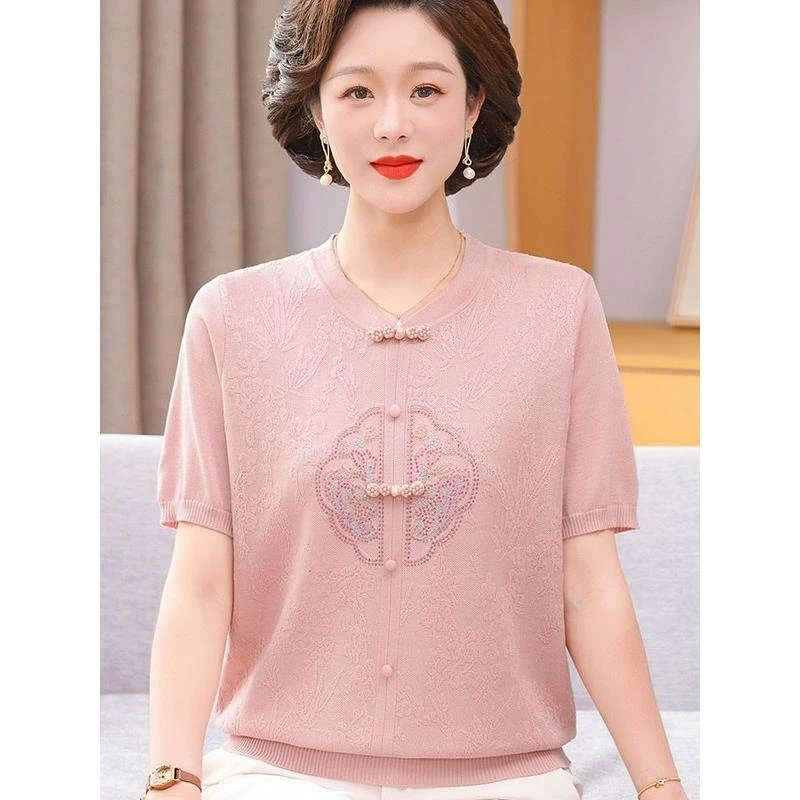 新中式妈妈夏装冰丝短袖T恤中老年人女装小衫2025国风母亲节上衣