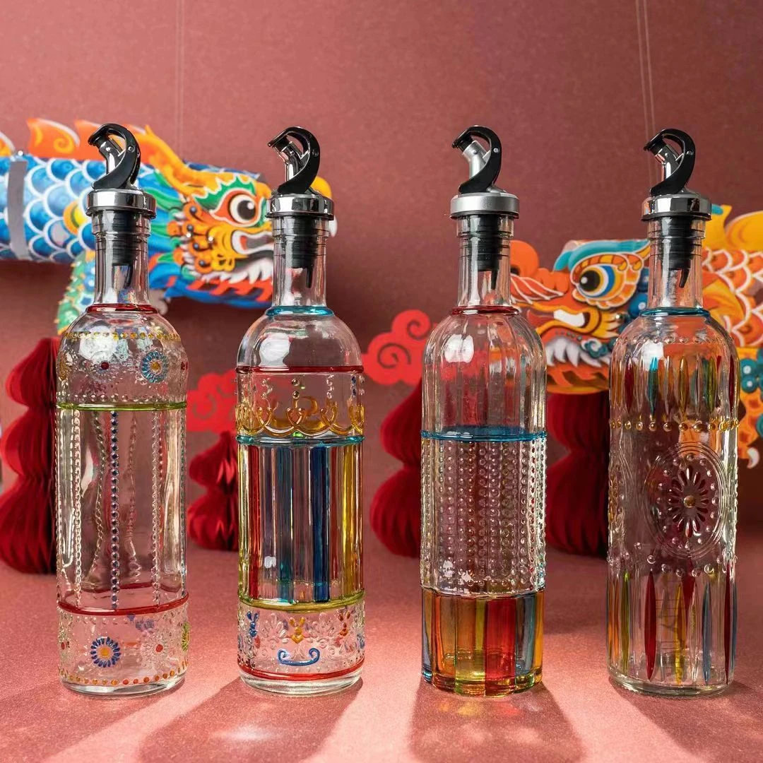 四支装复古雕花手绘玻璃油瓶调味料分装厨房多功能酱油醋500ml