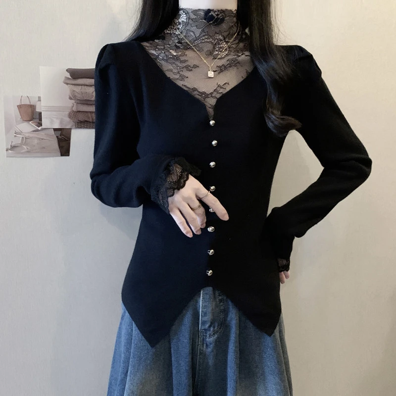 秋季新款大码女装蕾丝拼接长袖针织衫微胖妹妹洋气减龄设计感上衣