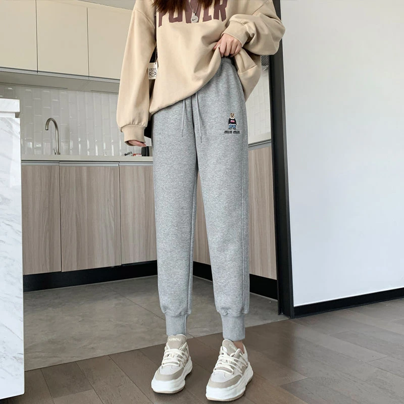 玫瑰太太棉刺绣运动裤女春秋新款显瘦哈伦薄款卫裤宽松束脚休闲裤