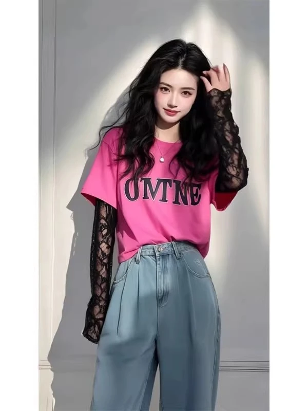 玫红色蕾丝拼接宽松打底衫上衣2025夏季新款开春穿搭高级感t恤女