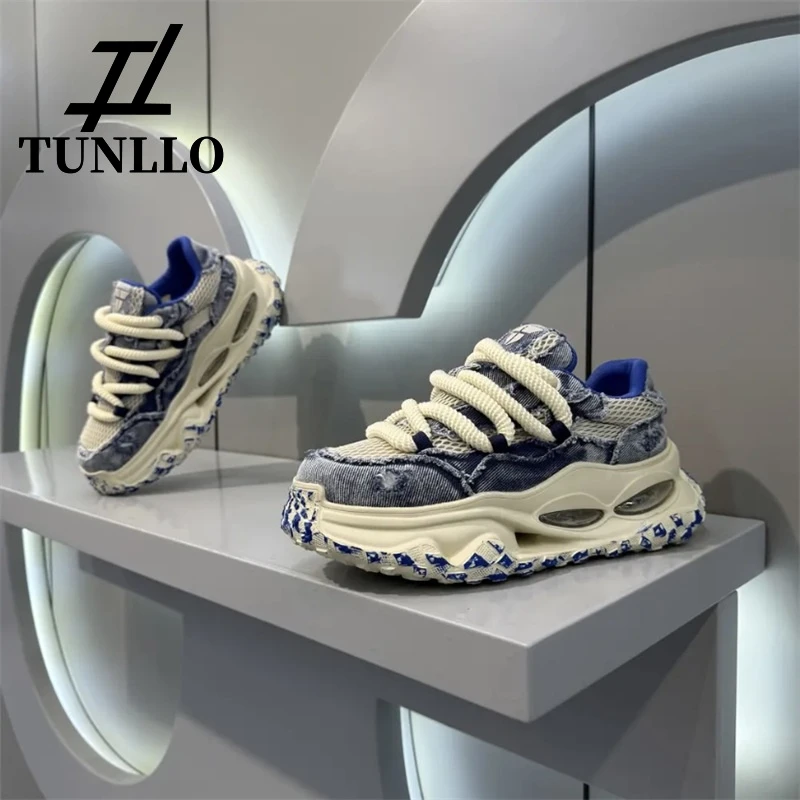 轻奢高级感牛仔布老爹鞋男夏季新款透气网布气垫厚底增高休闲鞋男