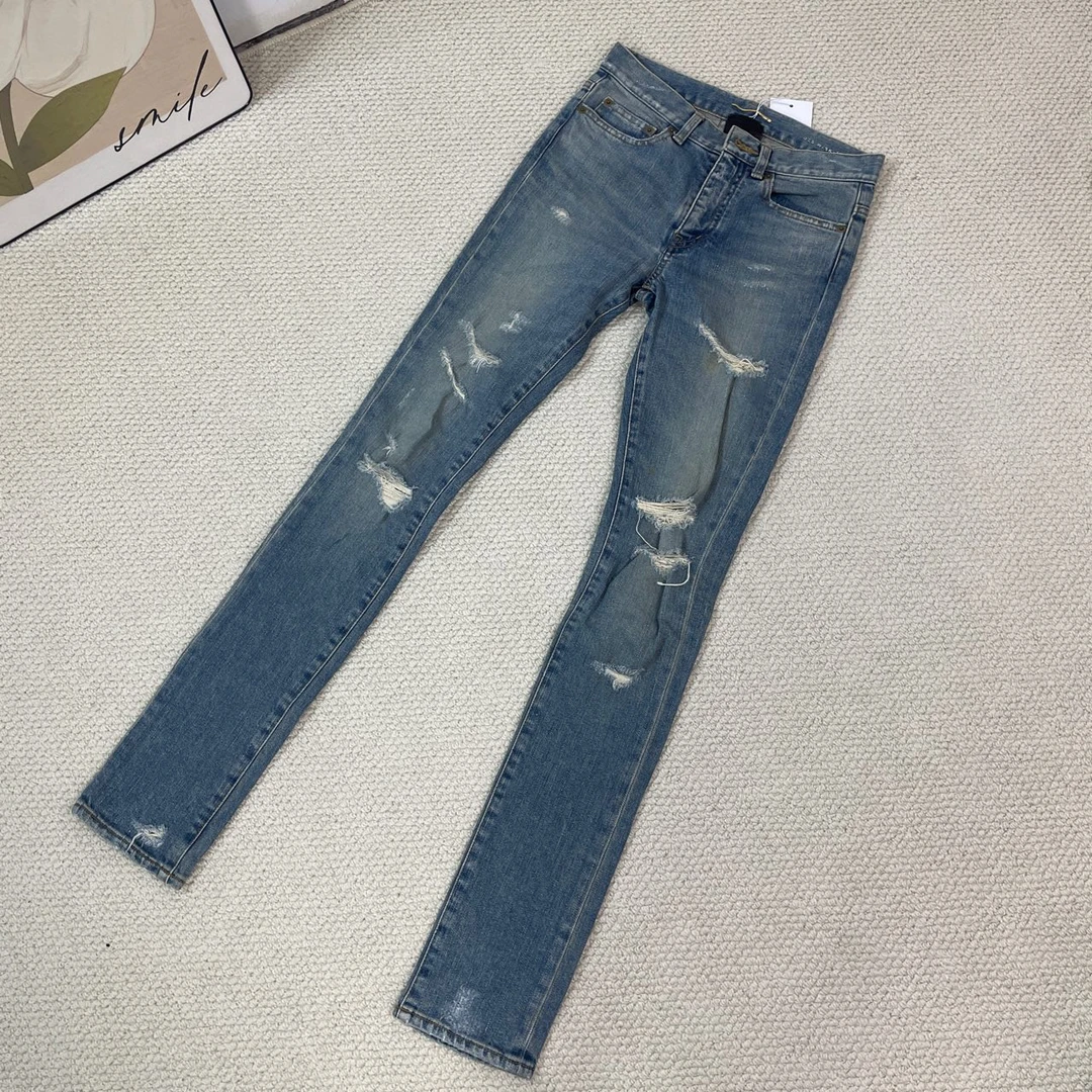 99新 YSL/圣罗兰 A8012 YSL 蓝色 破洞 牛仔裤 26码 99新