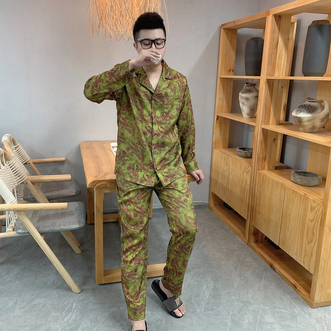 大码男士长袖奢华睡衣套装2025秋季高品质可外穿时尚家居服两件套