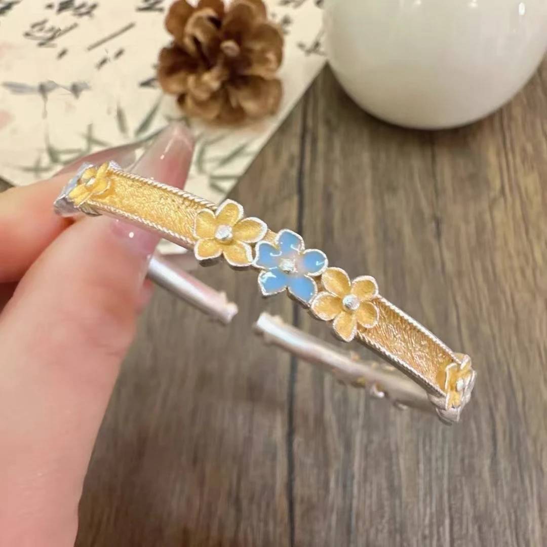 足银手镯 描金梅花纯银手镯女款实心国风新中式