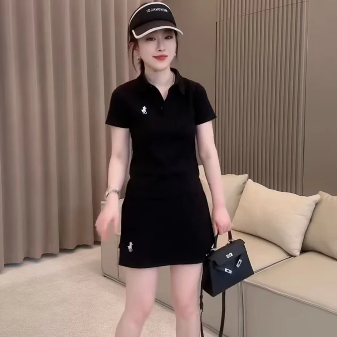 2025夏季新款套装网红同款小马刺绣纽扣polo领短袖T恤+高腰短裙女