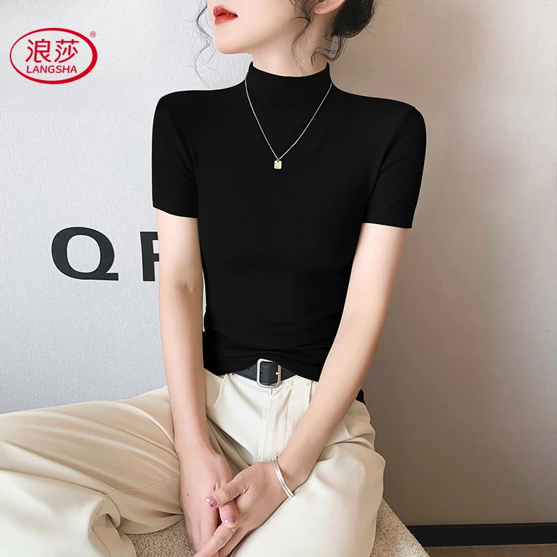 浪莎白色冰丝短袖t恤女春夏季新款半高领紧身半袖洋气体恤上衣薄