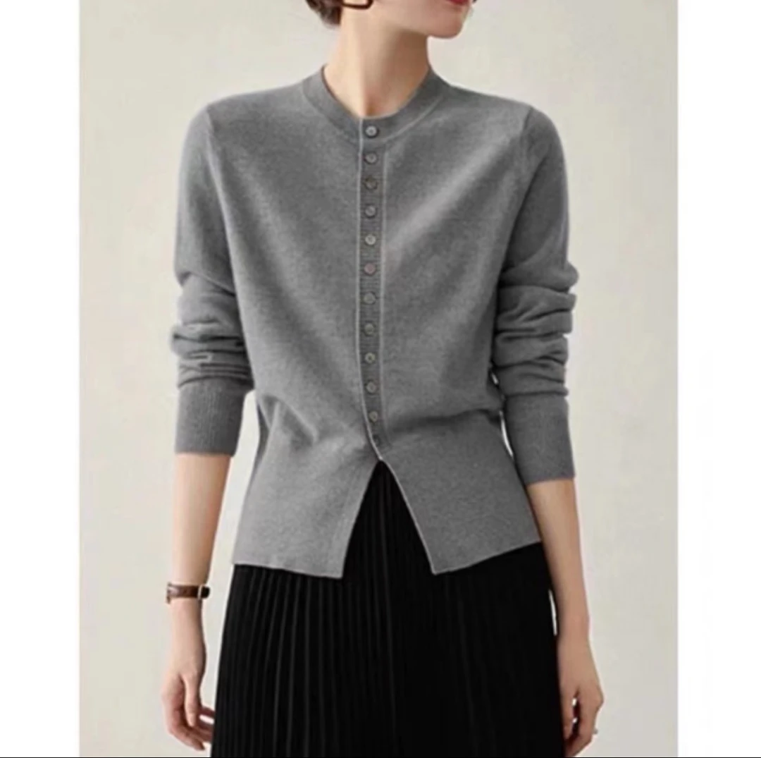 澳洲美利奴羊毛~2025年秋冬新款时尚羊毛开衫女外套纯色针织衫