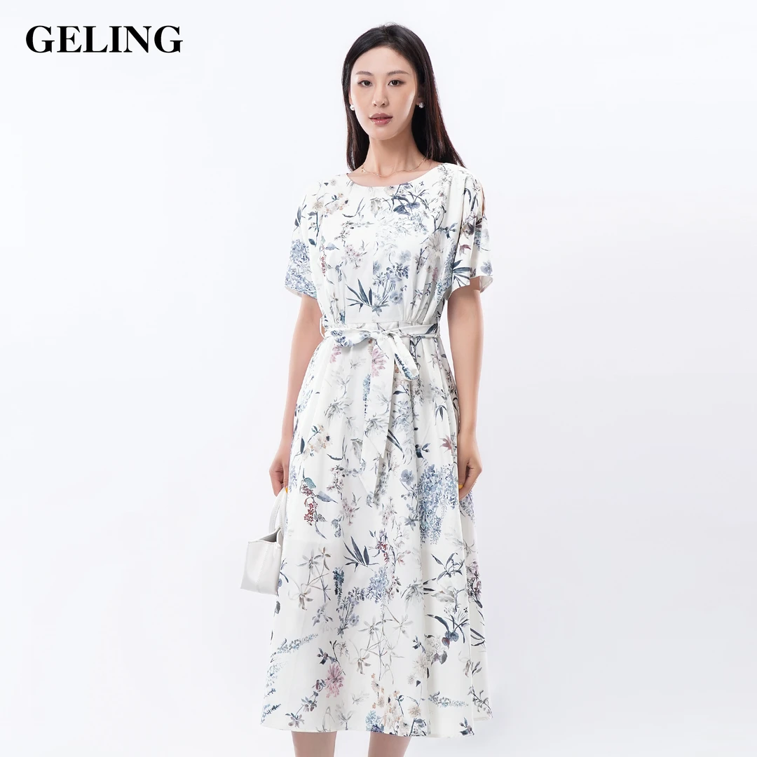 GELING/歌&玲夏季法式优雅露肩显瘦气质收腰碎花系带裙G505Y425L
