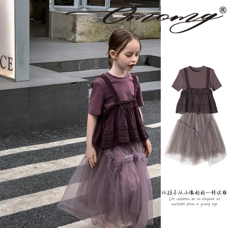 OMOMG女童紫色三件套蕾丝洋气时尚设计师款泡泡袖韩版气质G4X519