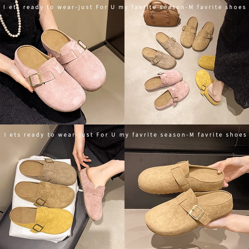 复古绒面皮带扣包头鞋女2025早春新款圆头一脚蹬包头拖穆勒鞋女鞋
