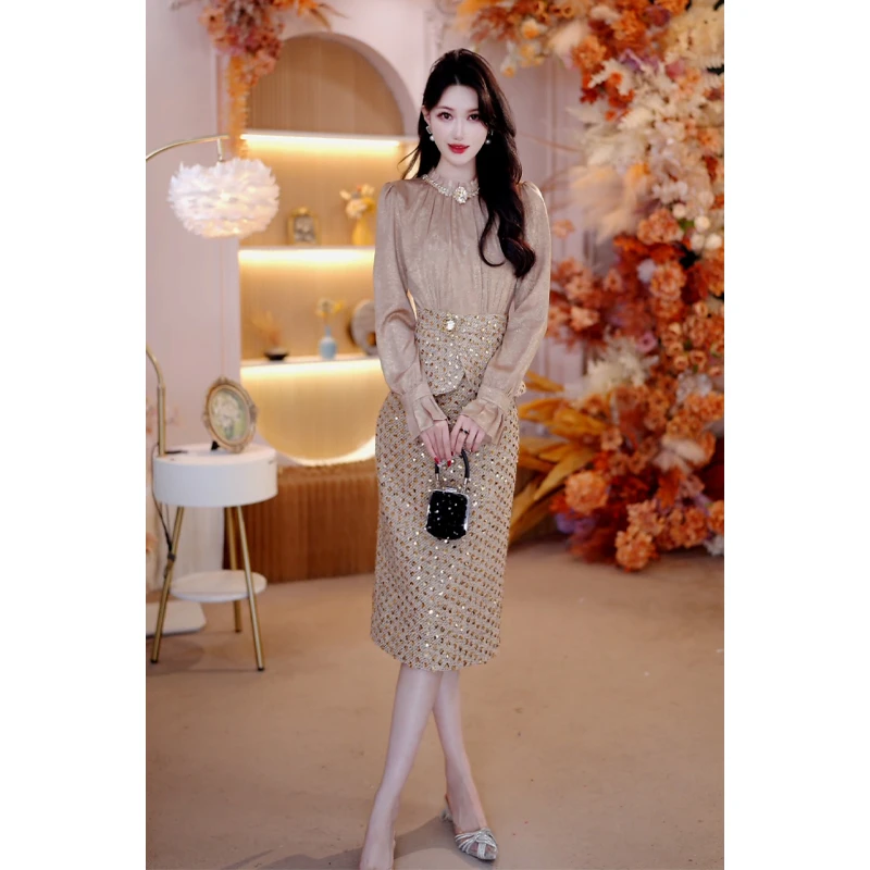 2025秋冬时尚气质修身显瘦轻奢小香风亮片法式长袖连衣裙25075