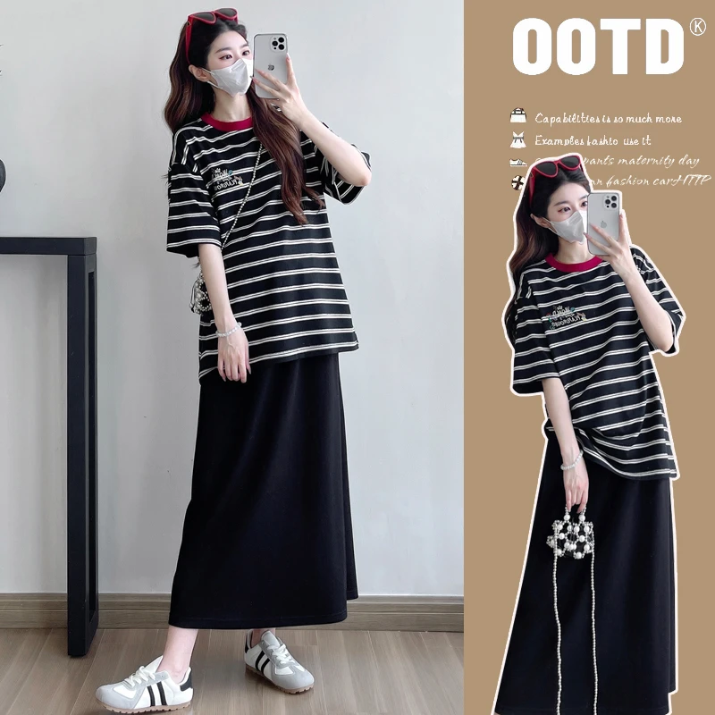 孕妇装2025夏季新款时尚显瘦高腰条纹短袖上衣百搭半身孕妇裙套装