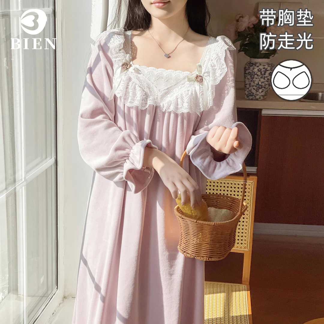 2025年新款BIEN海岛绒睡裙女秋冬公主风法式宫廷家居服薄绒可外穿