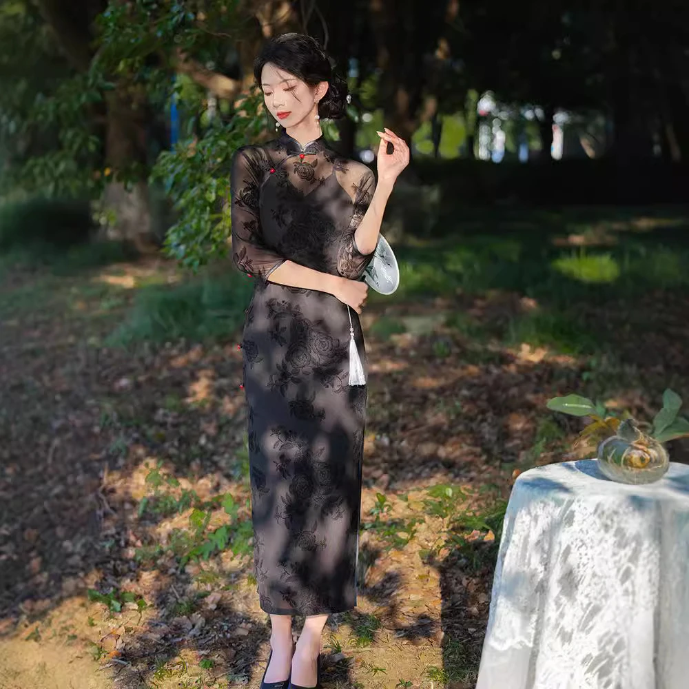 素雅蕾丝旗袍2024秋季复古民国风优雅气质年轻款雪尼尔连衣裙