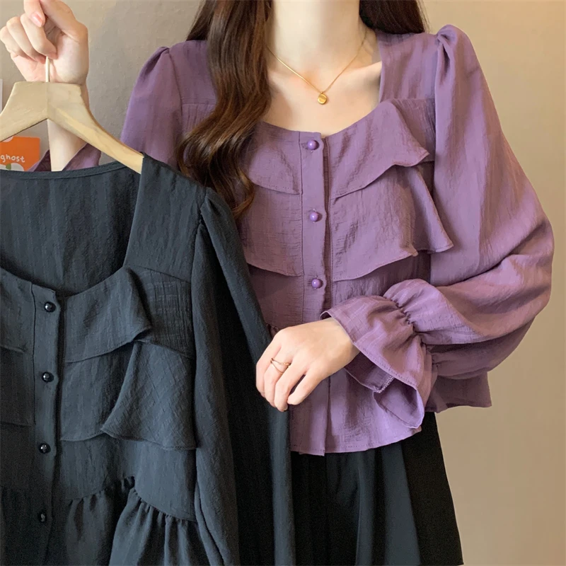 2025春装新款胖mm大码女温柔风肌理感荷叶边长袖衬衣上衣百搭