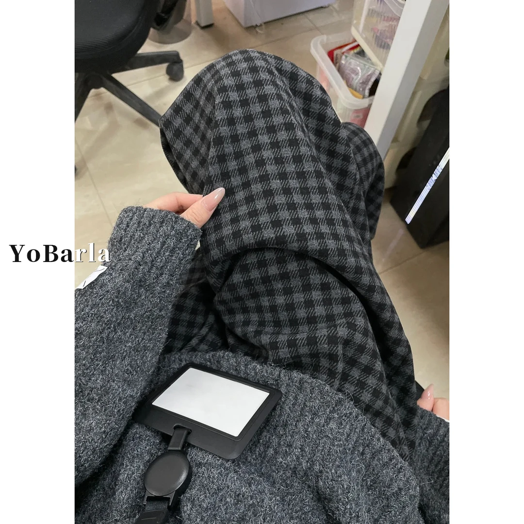 黑灰色格子休闲直筒裤女冬季加绒大码胖mm宽松显瘦慵懒垂感阔腿裤