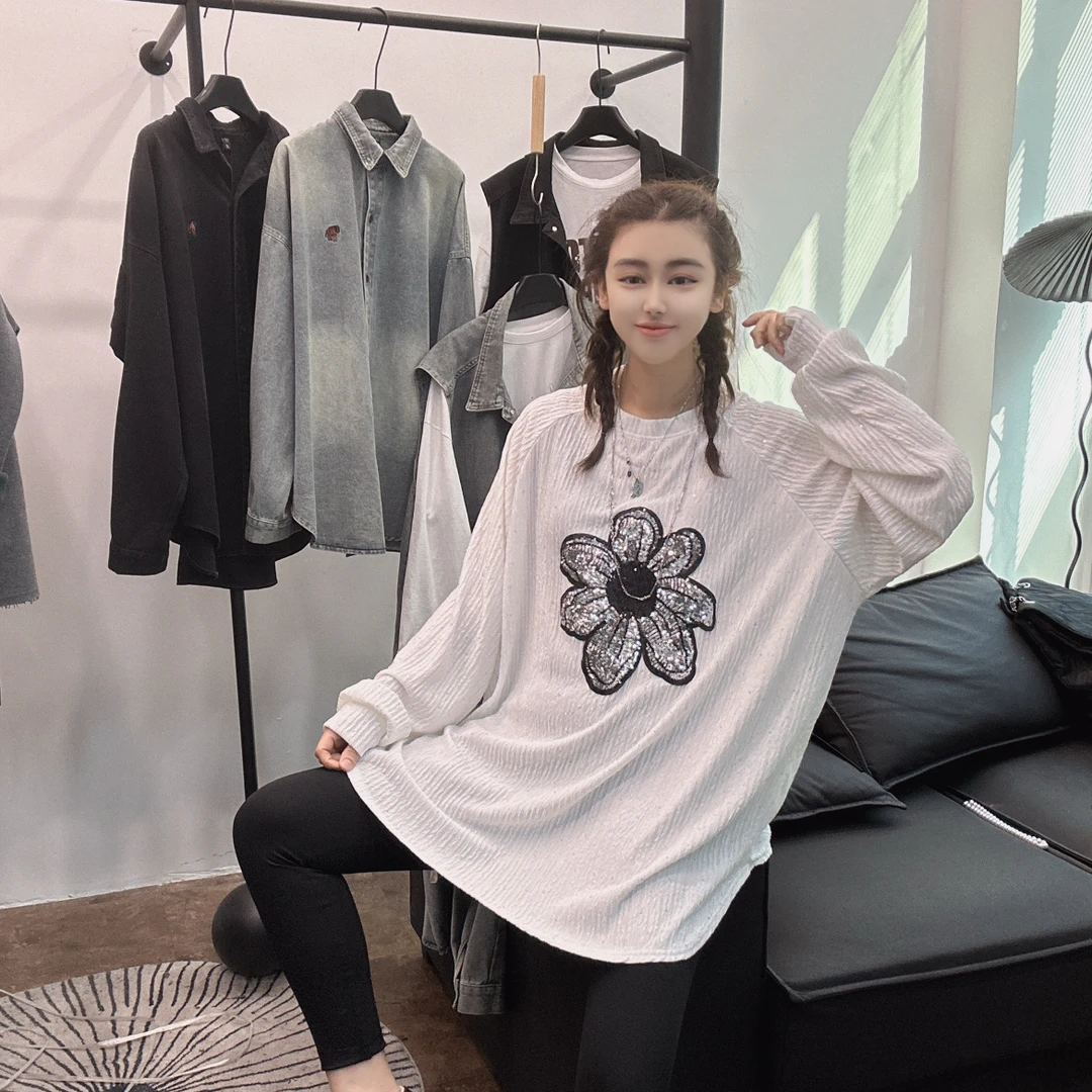 LU/鹿儿Y5122时尚大版宽松百搭简约休闲慵懒早春新款长袖圆领上衣