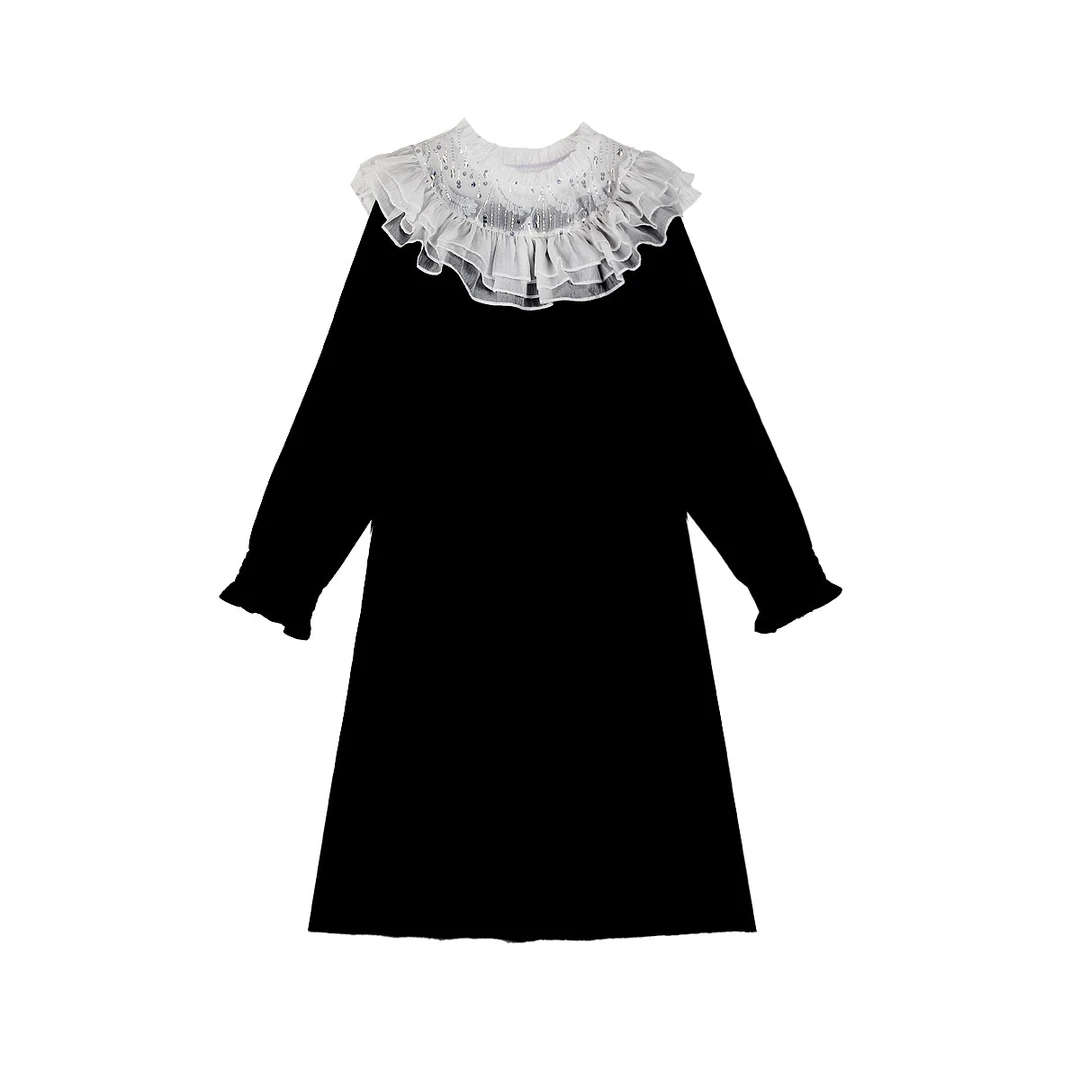 大码女装连衣裙裙子蕾丝长袖时尚黑色娃娃领秋冬（FT027）