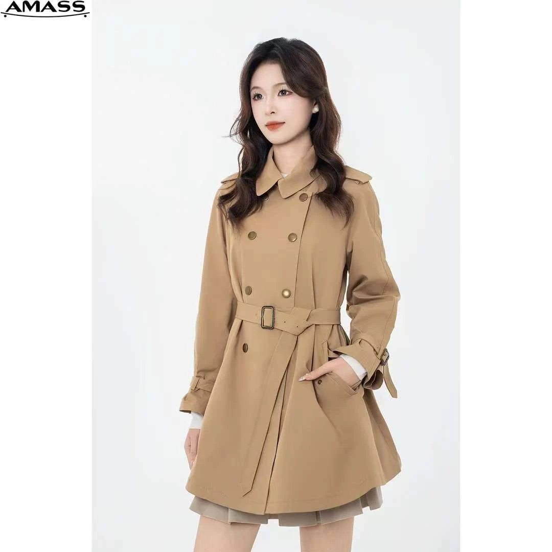 AMASS/阿玛施5400631新款老钱风翻领时尚气质双排扣中长款女风衣