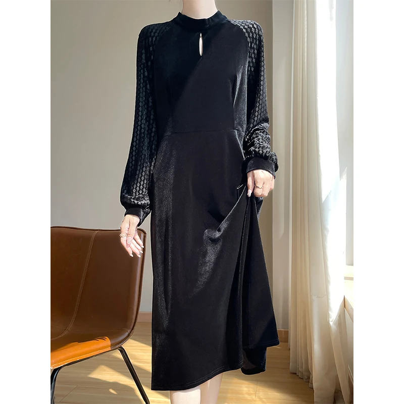 优雅新中式烧花袖连衣裙女春秋时尚复古黑色长裙气质显瘦长袖裙子