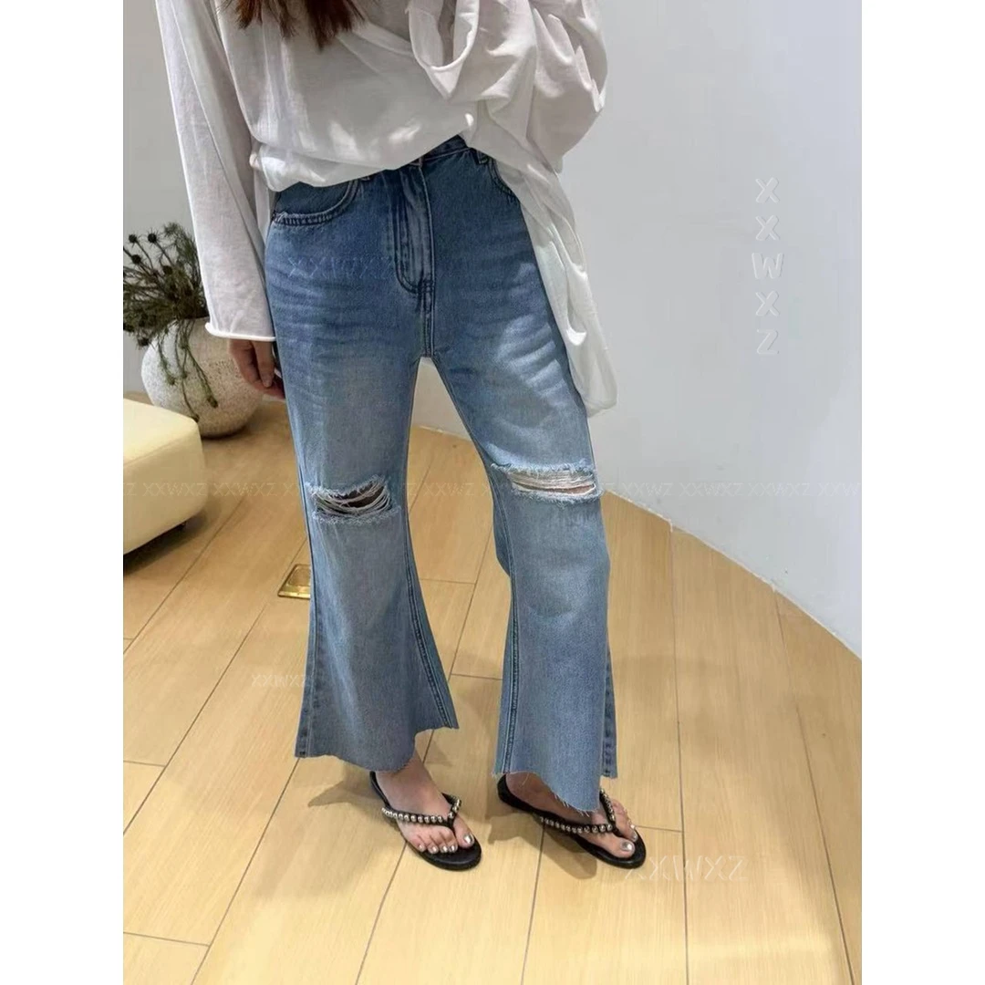 韩国东大门夏季新款时尚显瘦复古气质百搭破洞九分微喇牛仔裤女